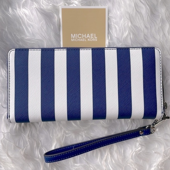 Brand New Michael Kors Blue & White Striped Large  Zip Around Wristlet Wallet - Picture 5 of 15